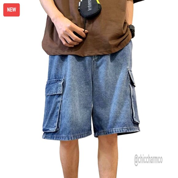 Other - Baggy Denim Shorts with Cargo Pockets, Elastic Waist, Ripped Details